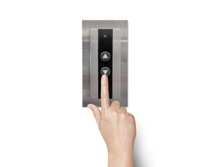 A woman's hand is using her finger to press the elevator button. PNG transparent