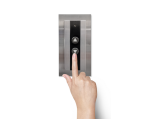 A woman's hand is using her finger to press the elevator button. PNG transparent