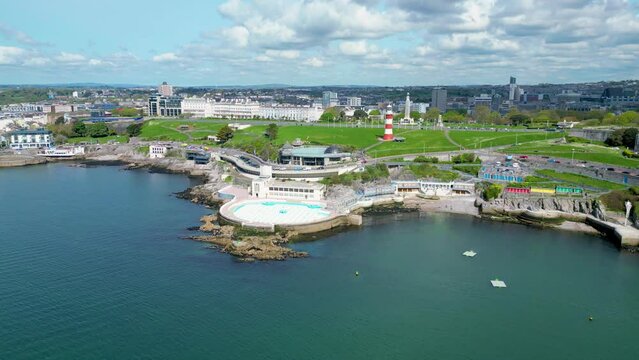The coastline of Plymouth Hoe with open air swimming pool.