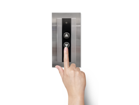 A woman's hand is using her finger to press the elevator button. PNG transparent