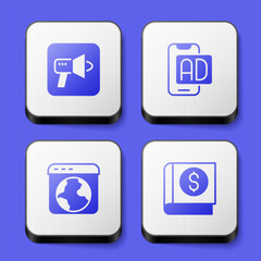Set Megaphone, Advertising, Worldwide and Financial book icon. White square button. Vector