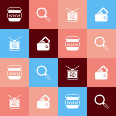 Set pop art Browser window, Magnifying glass, Advertising and Wallet with money icon. Vector