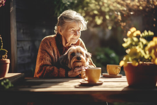 An elderly woman with a dog, sitting outdoors on a terrace with cup of coffe, Generative ai