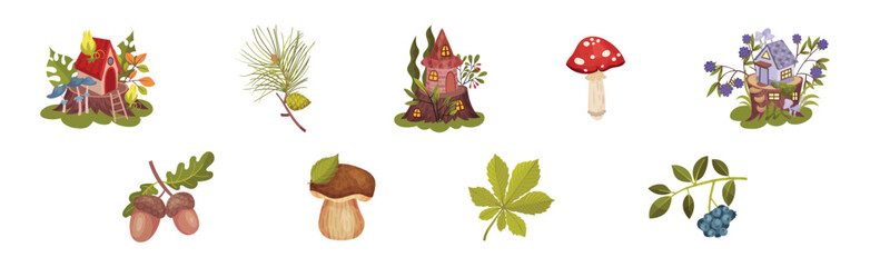Forest Botany Element with Fairy House on Tree Stump and Twig Vector Set