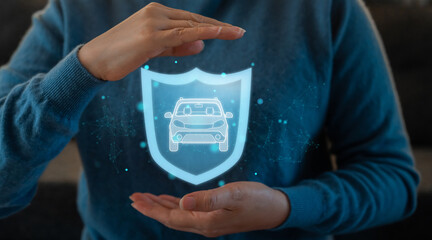 Human hand with protect your car and holding shield guard protective motor insurance, natural...
