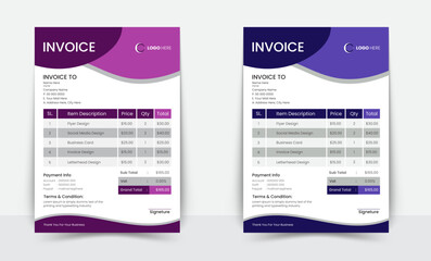 Minimal Corporate Business Invoice design template vector illustration bill form price invoice. Creative invoice template vector. business stationery design payment agreement design template