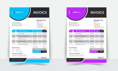 Minimal Corporate Business Invoice design template vector illustration bill form price invoice. Creative invoice template vector. business stationery design payment agreement design template