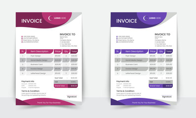 Minimal Corporate Business Invoice design template vector illustration bill form price invoice. Creative invoice template vector. business stationery design payment agreement design template