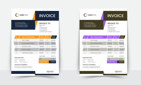 Minimal Corporate Business Invoice design template vector illustration bill form price invoice. Creative invoice template vector. business stationery design payment agreement design template
