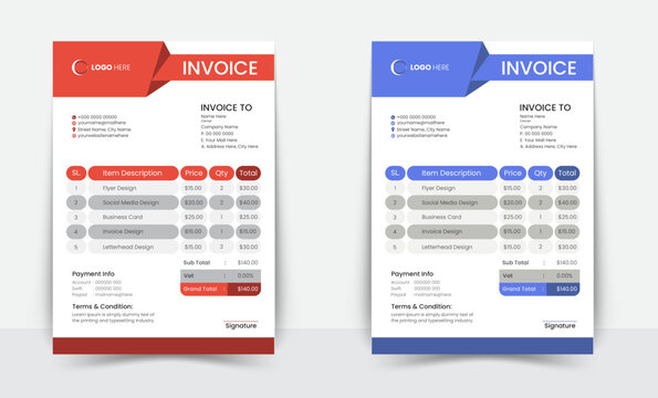 Minimal Corporate Business Invoice design template vector illustration bill form price invoice. Creative invoice template vector. business stationery design payment agreement design template