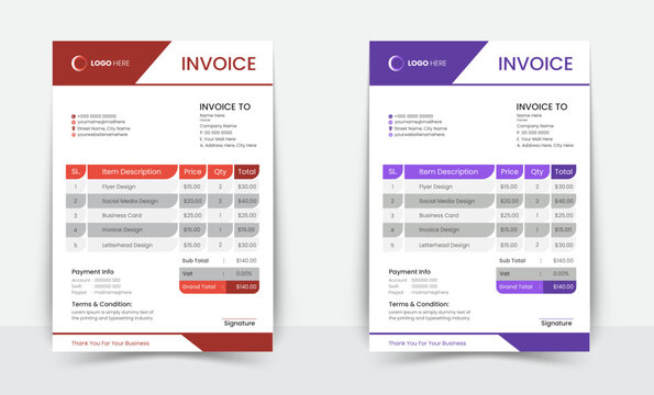 Minimal Corporate Business Invoice design template vector illustration bill form price invoice. Creative invoice template vector. business stationery design payment agreement design template