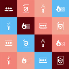 Set pop art Laptop with password, Contract shield, Key and Firewall, security wall icon. Vector