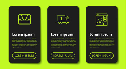 Set line Stacks paper money cash, Armored truck and Video chat conference. Business infographic template. Vector