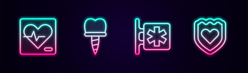 Set line Heart rate, Dental implant, Emergency - Star of Life and Immune system. Glowing neon icon. Vector