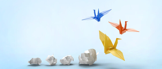 success and Transform ideas and creativity in business ideas through folding paper birds in blue background. copy space, banner, website, poste - 3d rendering © guguart