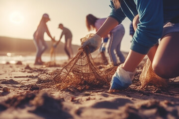 Group of young eco volunteers picking up plastic trash on the beach. Generative AI. - obrazy, fototapety, plakaty