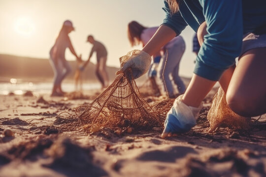 Group of young eco volunteers picking up plastic trash on the beach. Generative AI.