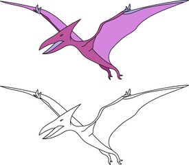 vector children's illustration reptile dinosaur, coloring book page  coloring and black and white version of a purple dinosaur pterodactyl