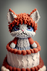 Cute woolly cat on the cake. Idea for knitting. Generative AI
