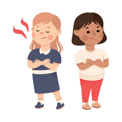 Hoodlum boy taking donut from girl. Girl being bullied by her classmate cartoon vector illustration