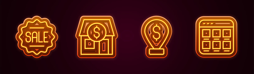 Set line Price tag with Sale, Market store, Cash location pin and Online shopping screen. Glowing neon icon. Vector