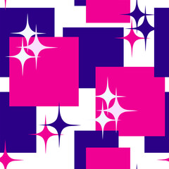 Abstract seamless pattern of fuchsia and blue squares with stars. Vector illustration for cover, packaging, wallpaper.