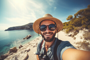 Fototapeta premium Handsome young man with sunglasses and hat taking selfie photo on summer vacation day - Generative AI.
