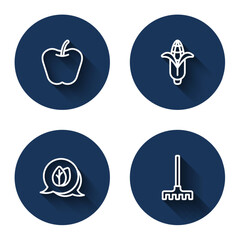Set line Apple, Corn, Leaf and Garden rake with long shadow. Blue circle button. Vector
