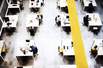 Office workplaces with blurred employees top view. Generative ai.