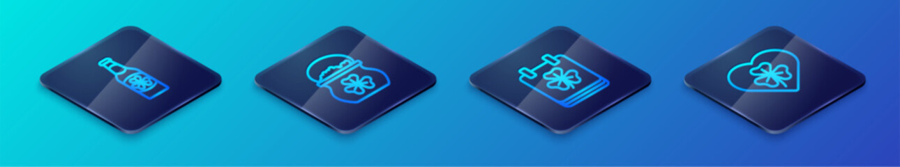 Set Isometric line Saint Patricks day with calendar, Beer bottle clover, Heart trefoil leaf and Pot of gold coins icon. Vector