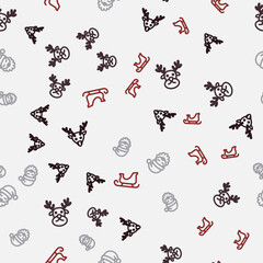 Set line Reindeer, Santa Claus hat and beard and Christmas santa claus sleigh on seamless pattern. Vector