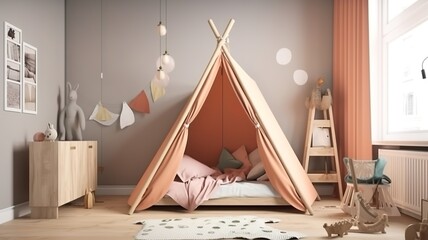 cozy, modern children's room with beautiful colors and a tent bed