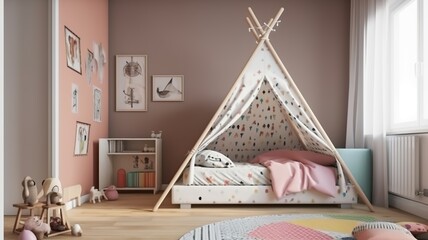Obraz premium cozy, modern children's room with beautiful colors and a tent bed