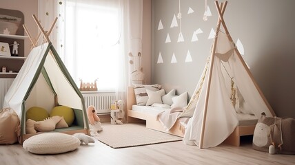 Fototapeta na wymiar cozy, modern children's room with beautiful colors and a tent bed