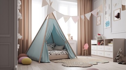 Fototapeta na wymiar cozy, modern children's room with beautiful colors and a tent bed