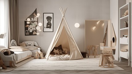 cozy, modern children's room with beautiful colors and a tent bed