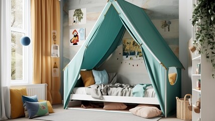 cozy, modern children's room with beautiful colors and a tent bed