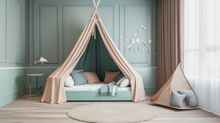 beautiful, modern children's room with nice colors and tent bed