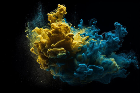 blue and yellow ink in water on a black background. Abstract background