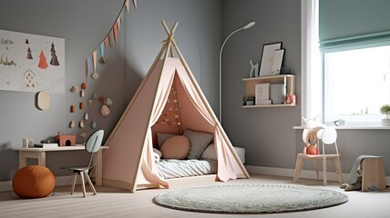 unique, cozy, modern children's room with beautiful colors and a tent bed