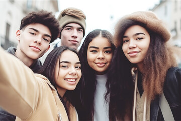 Fototapeta premium Young group of happy people taking selfie portrait on city street, Generative ai 