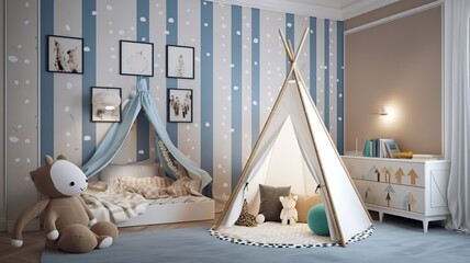 unique, cozy, modern children's room with beautiful colors and a tent bed