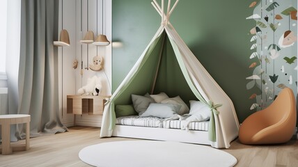 Fototapeta na wymiar beautiful, modern children's room with nice colors and tent bed