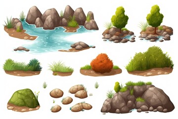 Set of landscape elements on a white background. Generative ai.