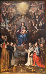 NAPLES, ITALY - APRIL 20, 2023: The painting of Madonna queen of Rosary in his Glory in the church Basilica di Santa Maria della Sanita by Giovanni Bernardo Azzolino  (1612 - 1614). - obrazy, fototapety, plakaty