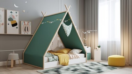 Obraz premium unique, cozy, modern children's room with beautiful colors and a tent bed