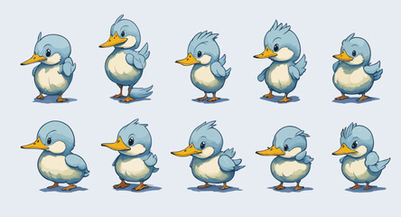 set of funny cartoon ducks. character sheet, illustration for children's book, multi positions.