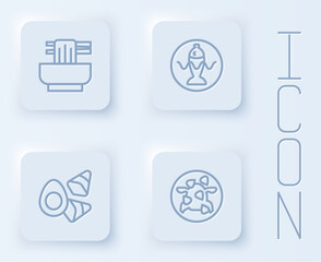 Set line Asian noodles in bowl, Served fish on plate, Chicken egg with vegerables and Kung Pao chicken. White square button. Vector