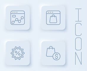 Set line Market analysis, Online shopping on screen, Discount percent tag and bag and dollar. White square button. Vector