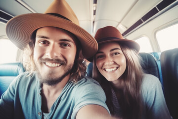 Happy young couple taking selfie inside airplane, Generative ai
